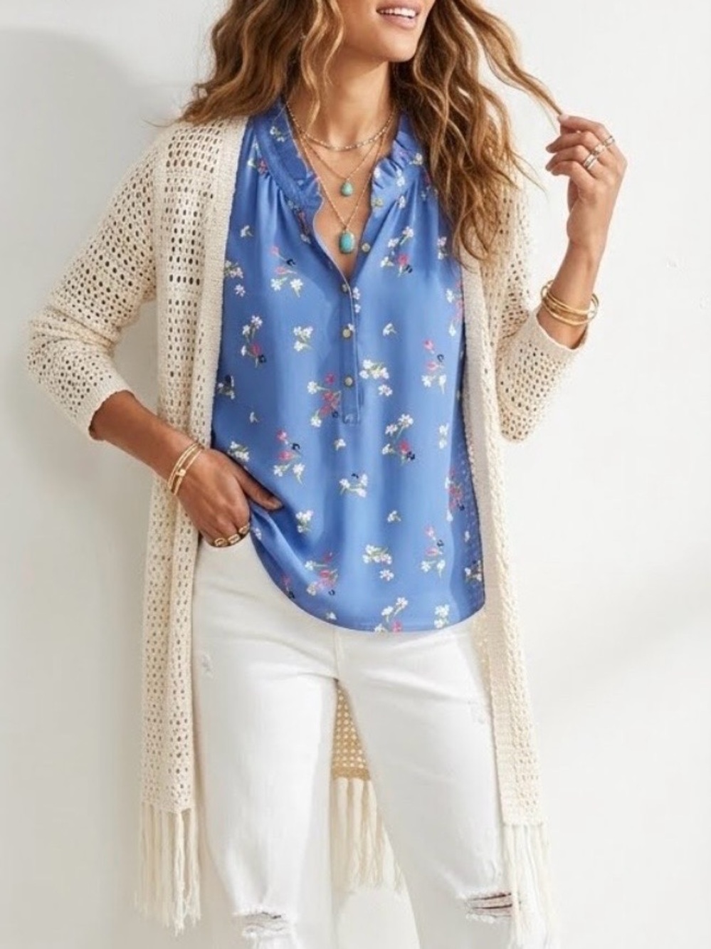 LOFT Blue Floral Ruffle V-Neck Sleeveless Blouse Henley Top Gold Buttons Size S